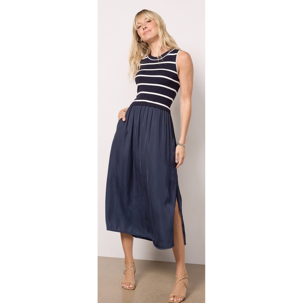 Evereve Wrenly Tank Dress Size L  Blue Knit Satin White Stripe‎
